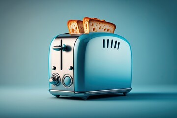 Roasted toast bread popping up of stainless steel toaster on a blue backgroun. Space for text generative ai