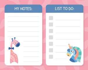 Daily note planner and and to do list set. Notebook page with cute animals vector illustration