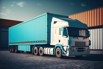 Shipping Cargo Container.Trailer Truck Parked Loading Package Boxes at Dock Warehouse. Cargo Shipment. Supply Chain. Industry Freight Truck Transportation. Shipping Warehousing Logistics generative ai