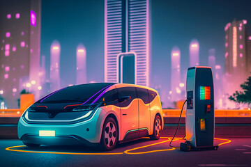 Minibus van car at an electric charging station against the backdrop of night modern metropolis city with skyscrapers in neon style. Generative AI