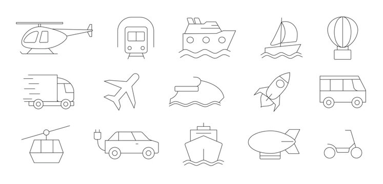 Transport line icons set. Vehicle icons. Transport types. Vector illustration. Transport, vehicle and delivery icons set. Line transport icons