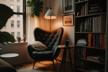 modern reading nook in an apartment. Illustration Generative AI - obrazy, fototapety, plakaty