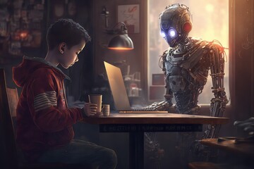Fototapeta na wymiar AI Tutor: A Robot Assistant Helping a Kid with Homework