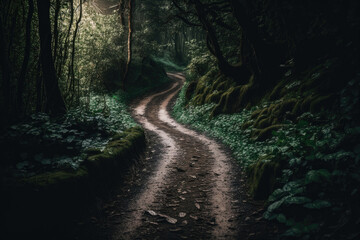 Obraz premium Beautiful scenery of pathway in a forest with trees. Illustration Generative AI