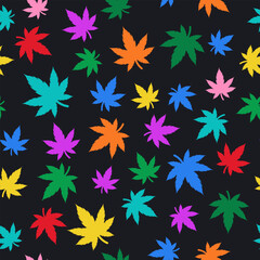 Fototapeta na wymiar Multicolor Cannabis Leaves Seamless Pattern on Dark Grey background