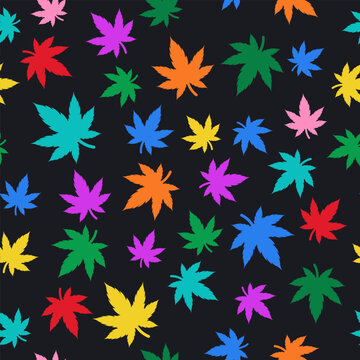 Multicolor Cannabis Leaves Seamless Pattern on Dark Grey background