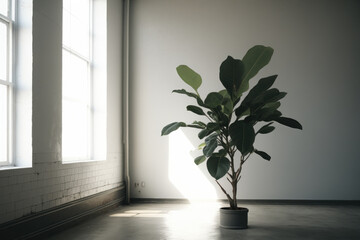 Rubber fig plant in an empty room. Illustration Generative AI