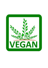 icon bestehend aus einem grünen rahmen, einem schriftzug"VEGAN" und einer abstrakten pflanze
