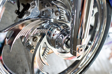 custom wheel with chrome spokes detail of custombike motorcycle or chopper bike