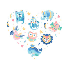Cute animals in heart shape. Childish prints for apparel, stickers, cards and nursery vector illustration