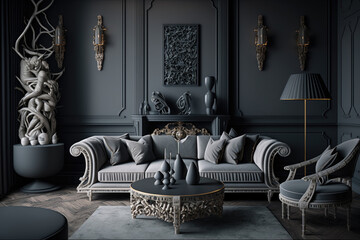 Modern luxury aesthetics style living room in gray background. 