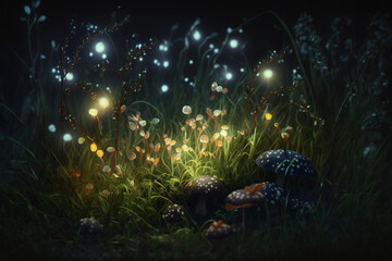 Obraz na płótnie Canvas Fantasy night landscape with grass, fireflies and mushrooms.. Generative AI.