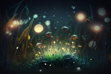 Fantasy night landscape with grass, fireflies and mushrooms.. Generative AI.