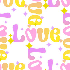 Seamless pattern with love text pink yellow color in Groovy style on white background