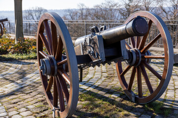 View of a replica of an old historical cannon on a sunny winter day