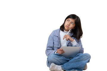 Mexican girl sitting on the floor thinking expression with tablet and stylus pen