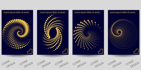 Trendy template for design cover, poster, flyer. Layout set for sales, presentations. Yellow halftone spirals on a blue background. Vector.