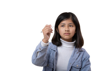 Mexican girl using stylus pen, transparent background 