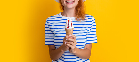 cropped view of summer girl with cone icecream in studio. summer girl with cone icecream