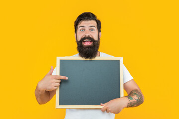 amazed announcement man with offer on background. announcement man with offer