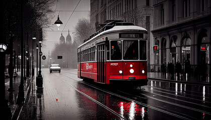 Retro Bild mit Colorkey-Effekt: Schwarz weiß Foto einer Altstadt mit roter retro Straßenbahn - Generative Ai
