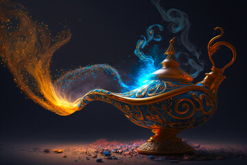 Aladdin's Magic Lamp from which the genie flies out. Created with Generative AI technology. - obrazy, fototapety, plakaty