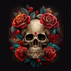 Mexican style sugar skull and with red roses on dark background Generative AI