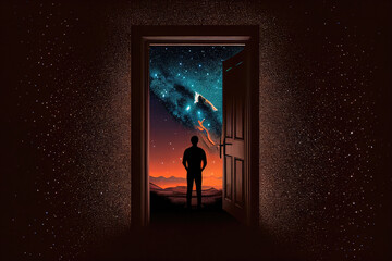 Human silhouette standing in front of open door and looking into space galaxy background. Magic portal to another world. Concept of dreams and freedom. Created with Generative AI