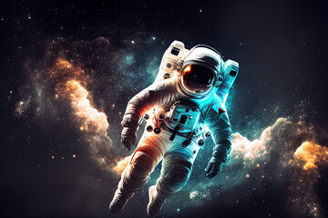 Fototapeta premium Astronaut in space suit flying in outer space with planet on background, close up. Deep space exploration. Created with generative ai
