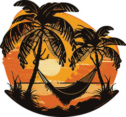 Vector image of hammock tied to palm trees against background of tropical beach.