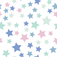 Seamless repeating pattern of pastel blue, pink, light green stars for fabric, textile, papers and other various surfaces