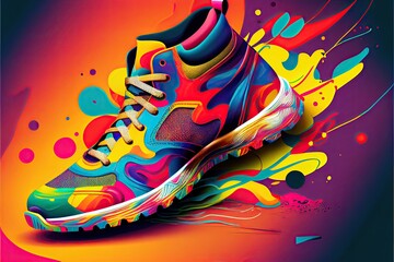 Fototapeta premium Creative bright colorful sneakers on dark background. Sport footwear and fashion concept. Banner for desigh. Created with Generative AI