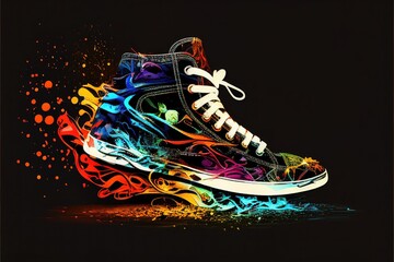 Creative bright colorful sneakers on dark background. Sport footwear and fashion concept. Banner for desigh. Created with Generative AI