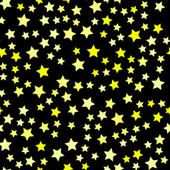 Seamless repeating pattern of various yellow stars on black background for fabric, textile, papers and other various surfaces