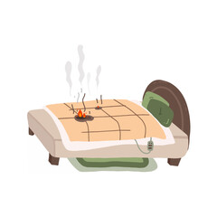 Low-quality dangerous warming blanket. Electric blanket fire on bed. Isolated vector image.