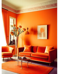 un salon orange avec un canapé et un fauteuil confortable - IA Generative