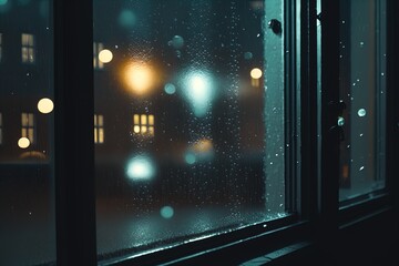 Rainy city. Droplets on glass window. 