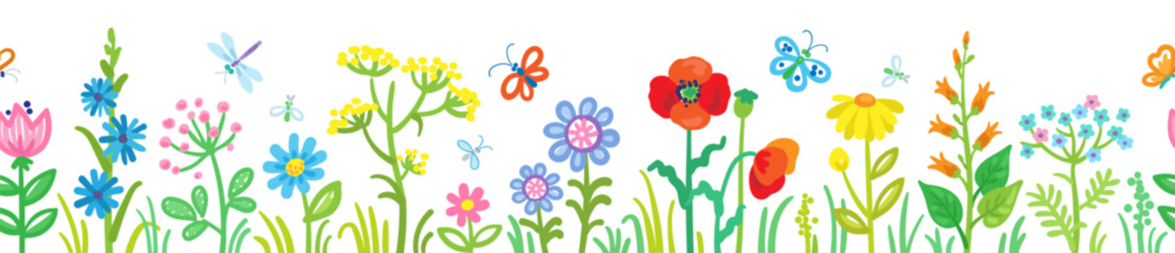 Beautiful flowers and butterflies. Seamless colorful horizontal pattern. In cartoon style. Children's drawing. Isolated on white background. Vector illustration