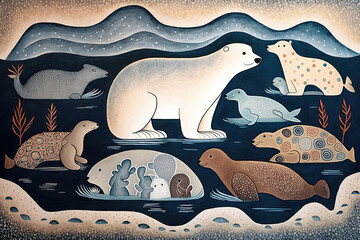 Polar bear and seals in wild artic painted illustration - obrazy, fototapety, plakaty