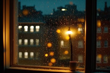 Rainy city. Droplets on glass window. 