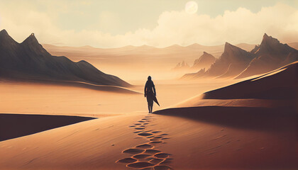 Lonely and desperate man walking in the desert. generative AI
