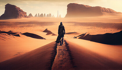 Fototapeta na wymiar Lonely and desperate man walking in the desert. generative AI