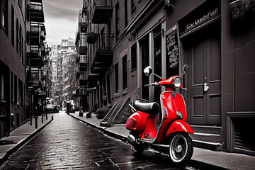 Retro Bild mit Colorkey-Effekt: Schwarz weiß Foto einer Altstadt mit roten retro Roller - Generative Ai