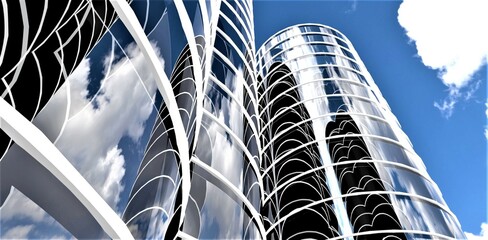 Shiny facade reflecting the amazing summer day. Look from below on the upscale office with rounded glass exterior against the blue sky. 3d rendering.