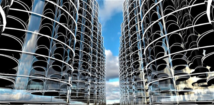 Overpopulation. Two rows of futuristic apartment buildings reflect each others in glass mirrored facades against small piece of blue sky. 3d rendering.