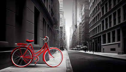 Retro Bild mit Colorkey-Effekt:Frau mit roten Regenschirm in einer verregneten schwarz weiß Stadt - Generative Ai