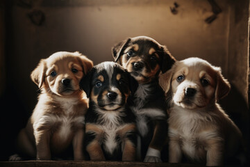 Group portrait of adorable puppies close-up photography. Illustration Generative AI