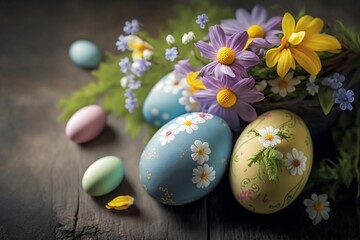Easter eggs and flowers on a wooden table
