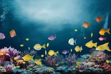 Obraz na płótnie Canvas School of fish swim underwater in the sea. Tropical reef with abundance of fishes in the Maldives. Generative AI
