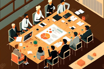 Flat vector illustration Senior female CEO and multicultural businessmen discussing company presentation at board meeting table. Diverse corporate team working together in modern meeting room office. 
